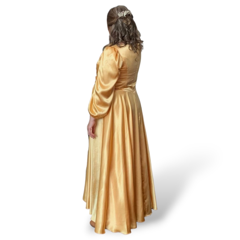 JJ's House Gold Satin Maxi Gown Long Sleeve Formal Dress LP - Picture 6 of 13
